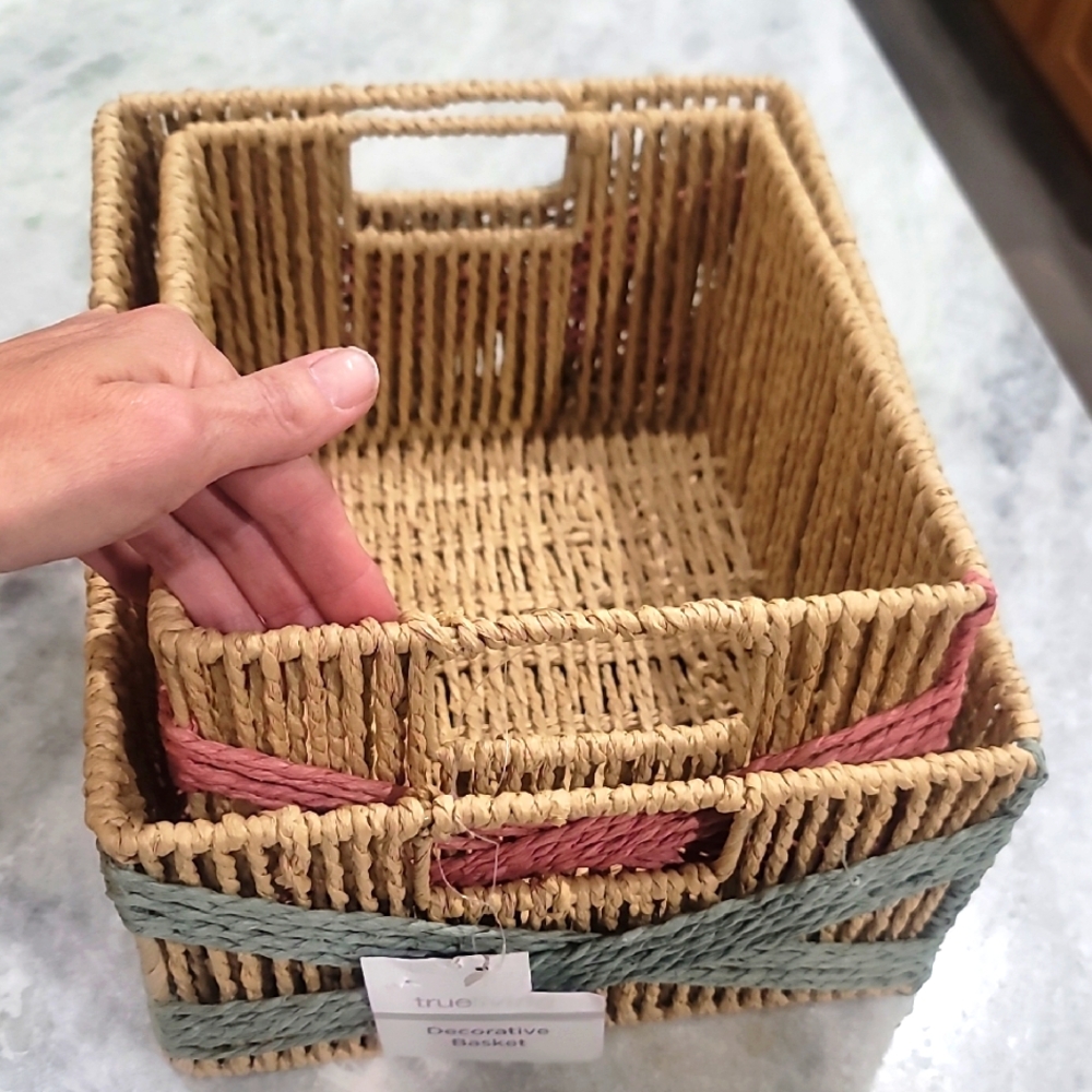 Woven Decorative Storage Basket Set - Natural with Pink & Sage Accents